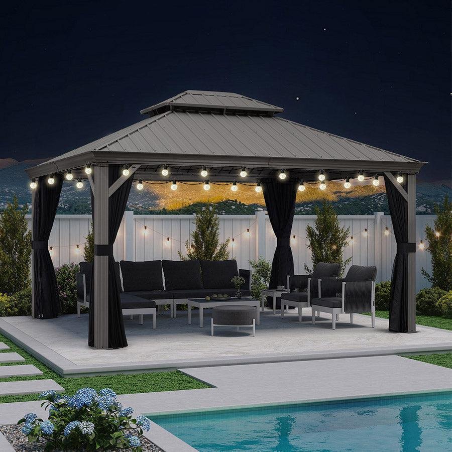 Patio Gazebo for Pool Light Grey Hardtop Galvanized Steel Roof with String Lights-milky - Image 24