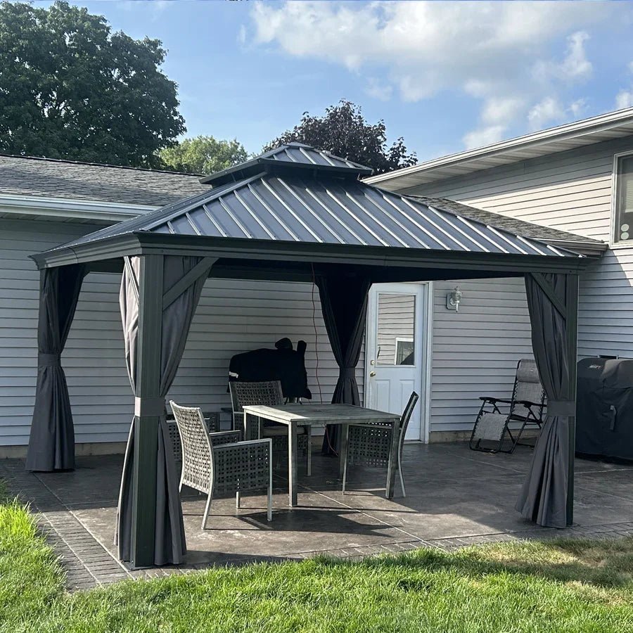 Patio Gazebo for Backyard Grey Hardtop Galvanized Steel Roof Awning with Upgrade Curtain - Image 124