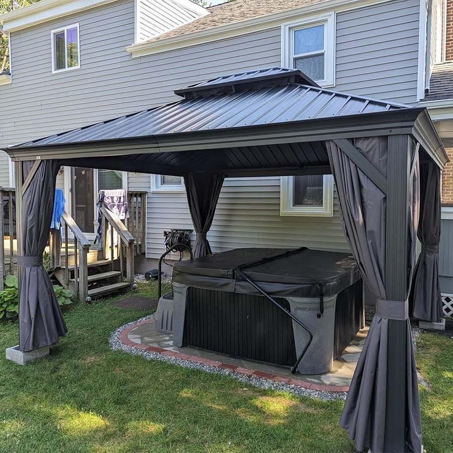 Patio Gazebo for Backyard Grey Hardtop Galvanized Steel Roof Awning with Upgrade Curtain - Image 83