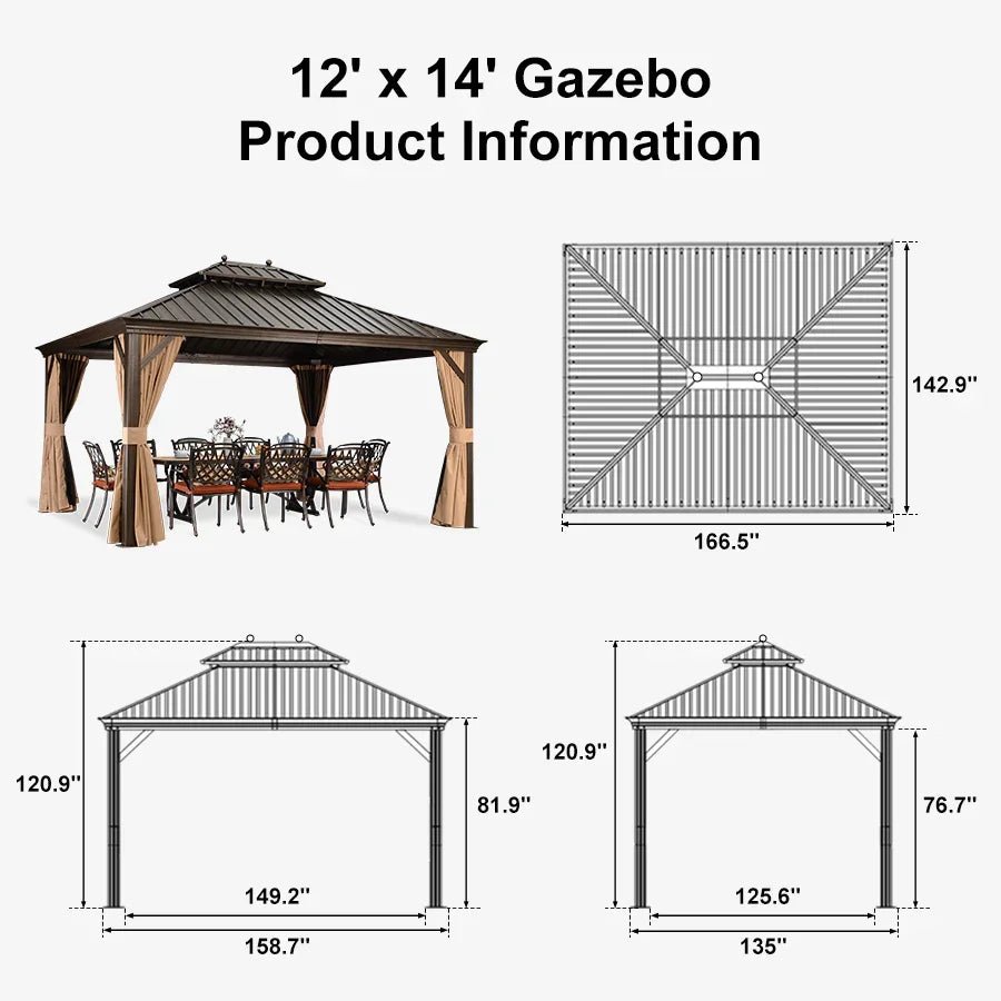 Outdoor Hardtop Gazebo for Garden Bronze Double Roof Aluminum Frame Pavilion with String Lights-milky - Image 123