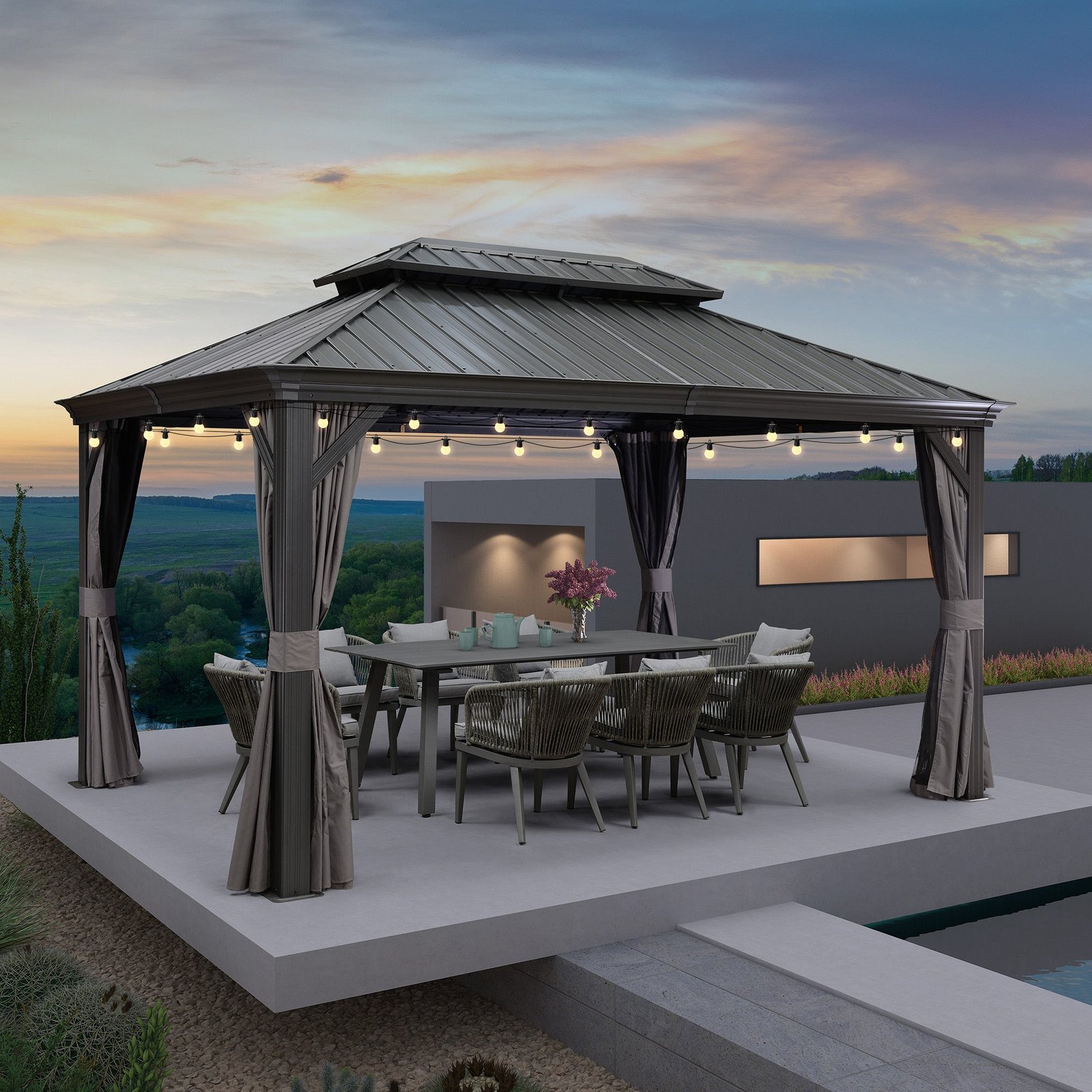 Gazebo for Backyard Grey Hardtop Galvanized Steel Roof Awning String Lights-milky - Image 2