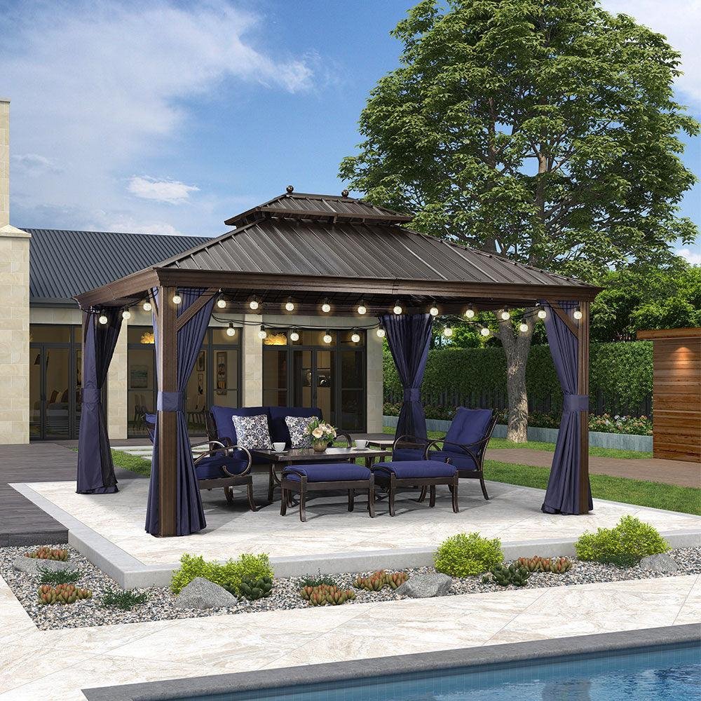 Outdoor Hardtop Gazebo for Patio Bronze Aluminum Frame Pavilion with Navy-Blue Curtain and String Lights-milky - Image 46