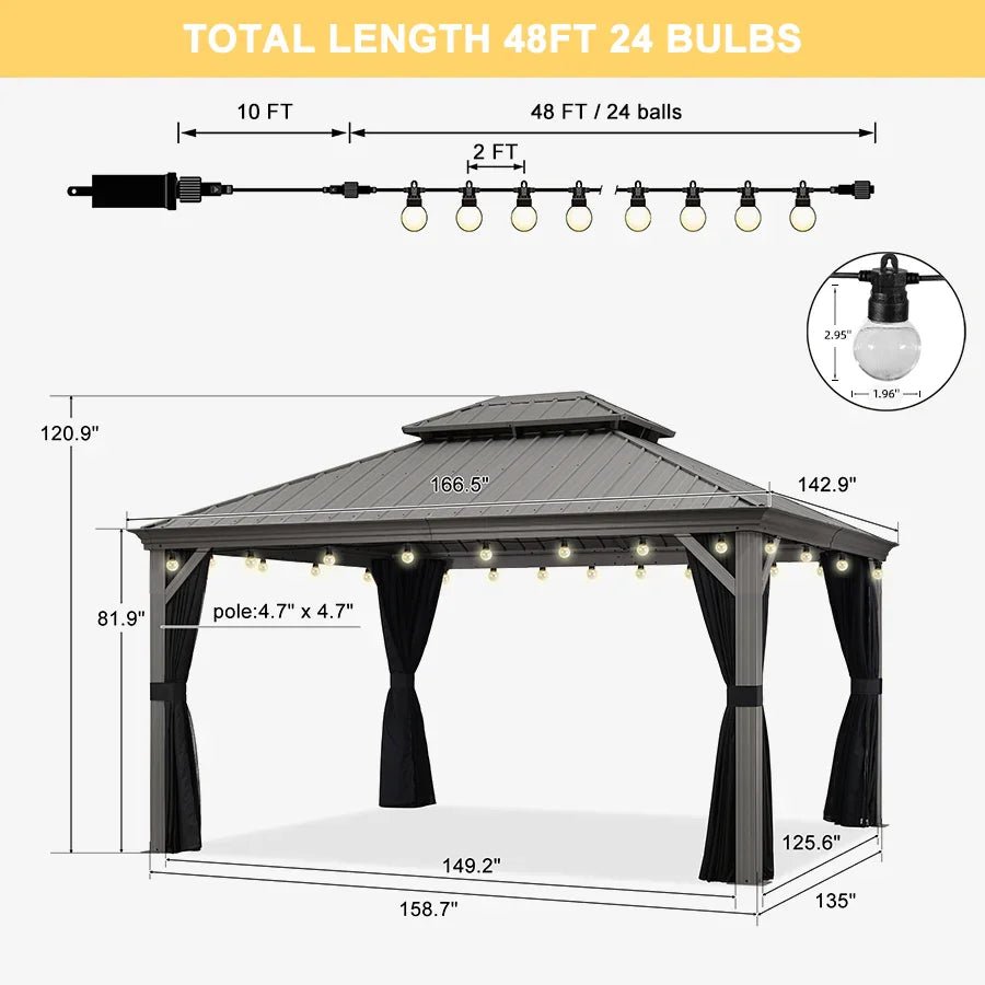 Patio Gazebo for Pool Light Grey Hardtop Galvanized Steel Roof with String Lights-clear - Image 91