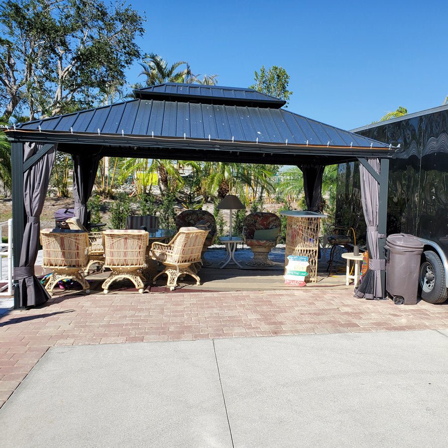 Gazebo for Backyard Grey Hardtop Galvanized Steel Roof Awning String Lights-milky - Image 91