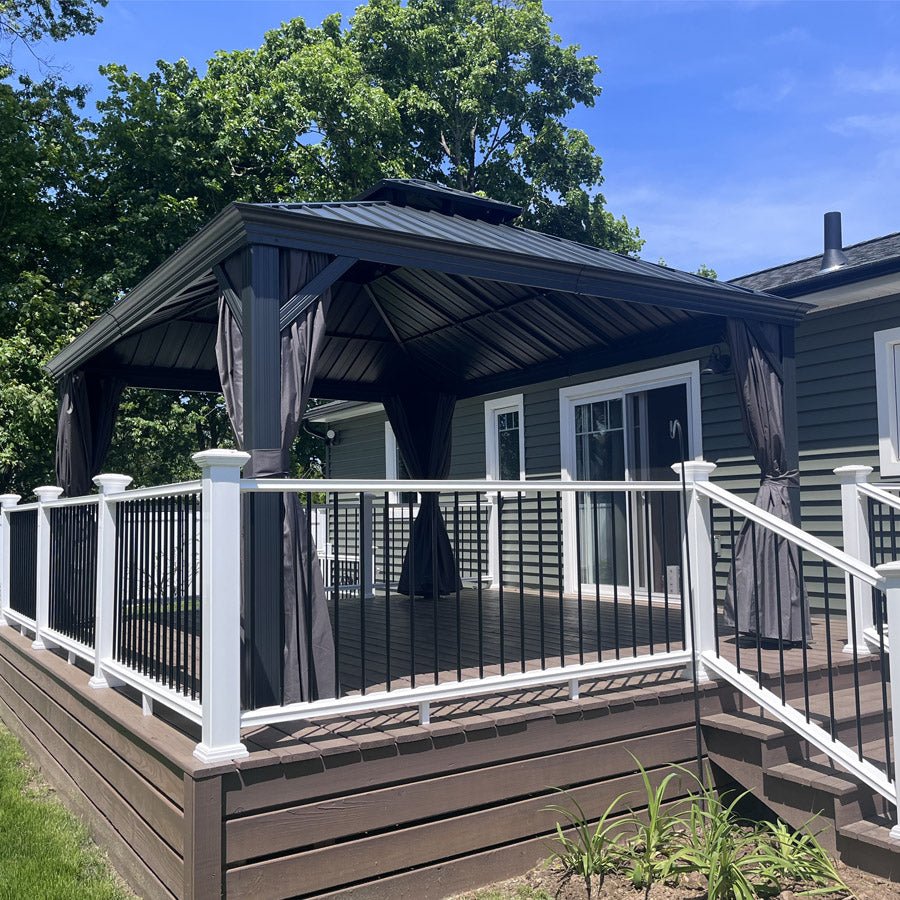 Patio Gazebo for Backyard Grey Hardtop Galvanized Steel Roof Awning with Upgrade Curtain - Image 147