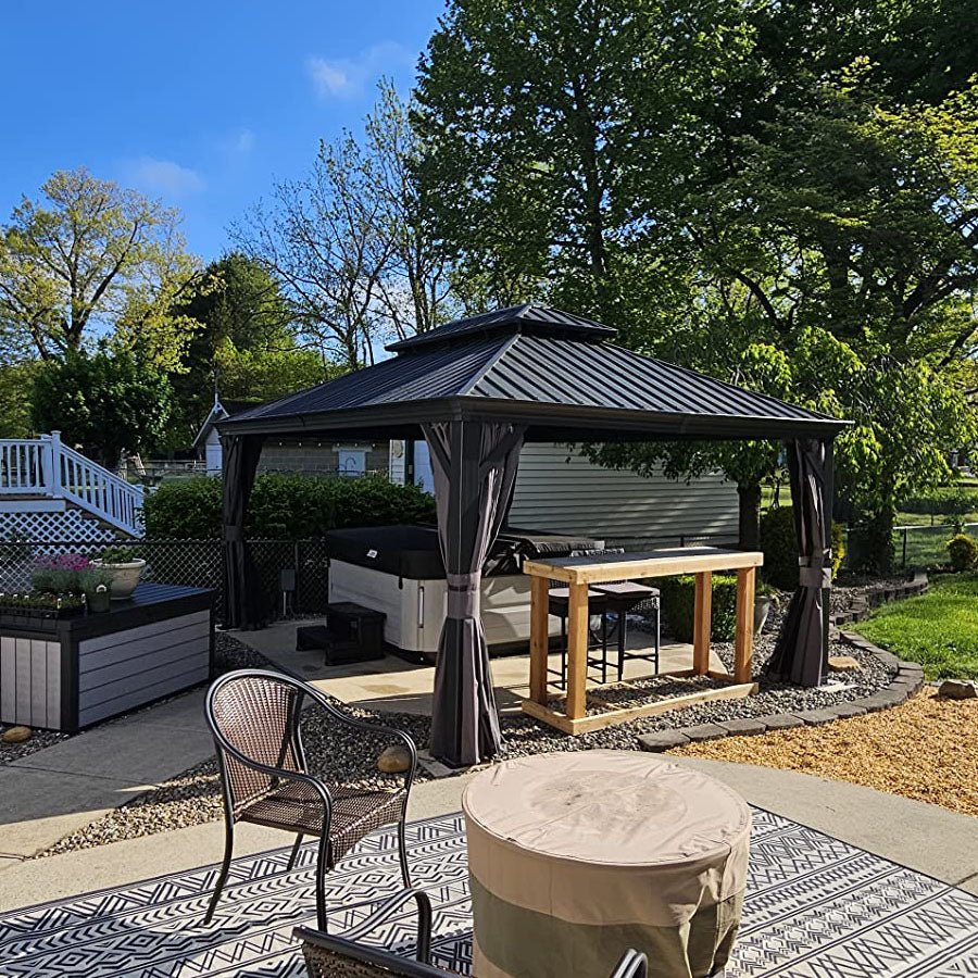 Patio Gazebo for Backyard Grey Hardtop Galvanized Steel Roof Awning with Upgrade Curtain - Image 148