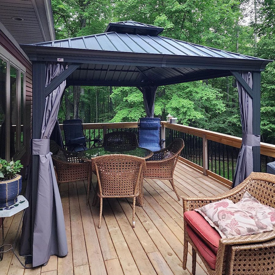 Gazebo for Backyard Grey Hardtop Galvanized Steel Roof Awning String Lights-milky - Image 89