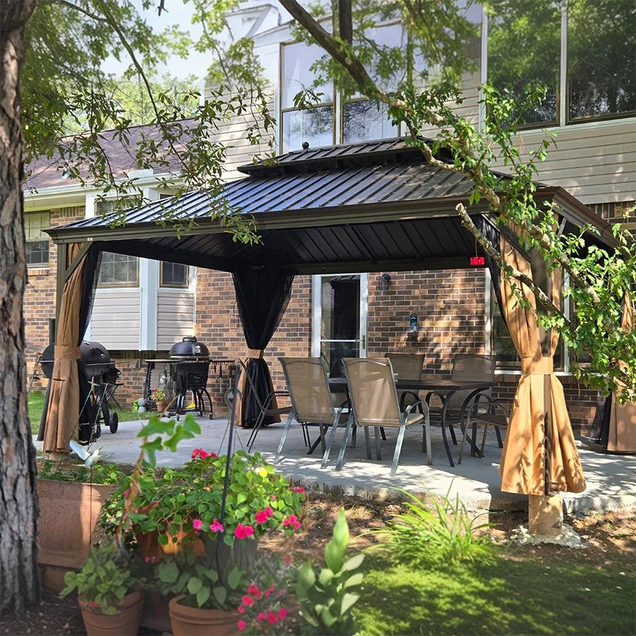 Outdoor Hardtop Gazebo for Garden Bronze Double Roof Aluminum Frame Pavilion with String Lights-milky - Image 111