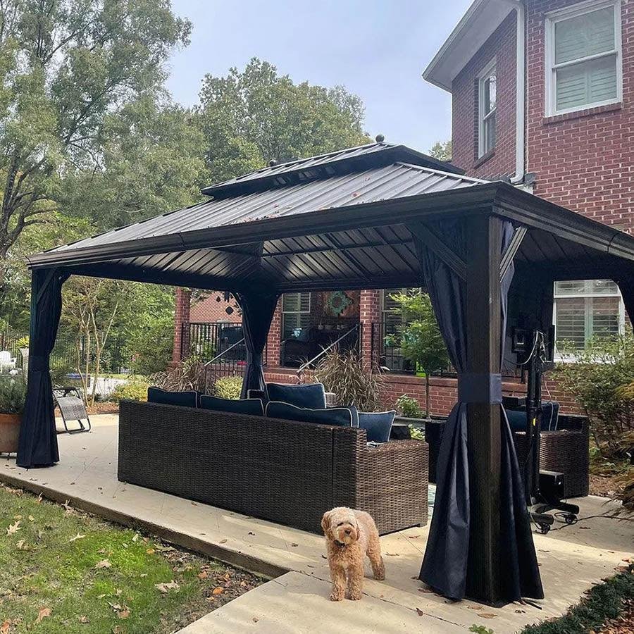 Outdoor Hardtop Gazebo for Patio Bronze Aluminum Frame Pavilion with Navy-Blue Curtain and String Lights-milky - Image 3