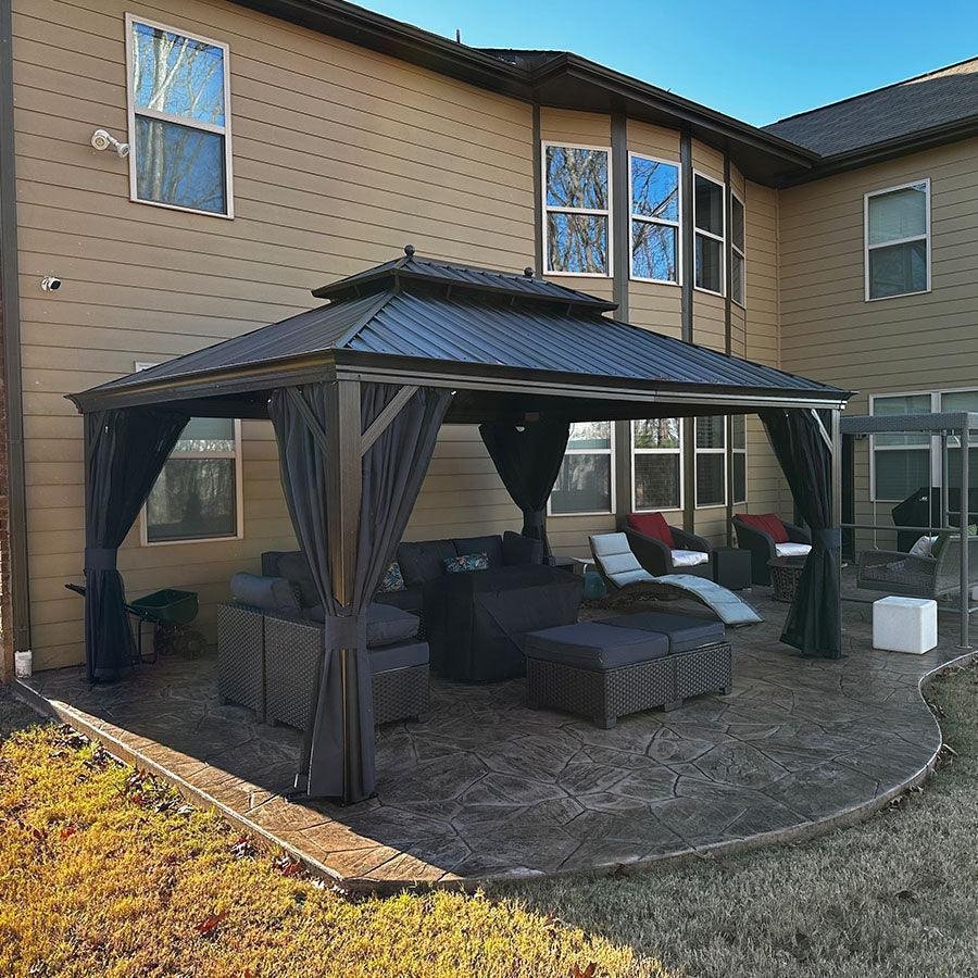 Outdoor Hardtop Gazebo for Patio Bronze Aluminum Frame Pavilion with Navy-Blue Curtain and String Lights-milky - Image 78