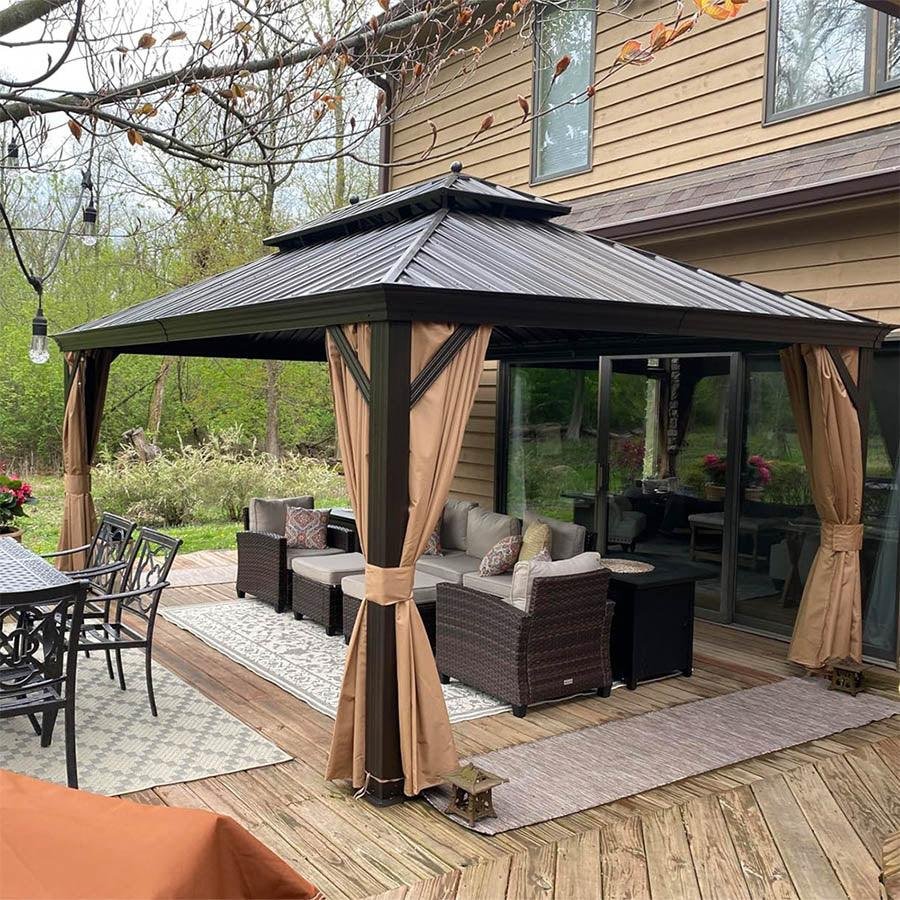 Outdoor Hardtop Gazebo for Garden Bronze Double Roof Aluminum Frame Pavilion with String Lights-milky - Image 112
