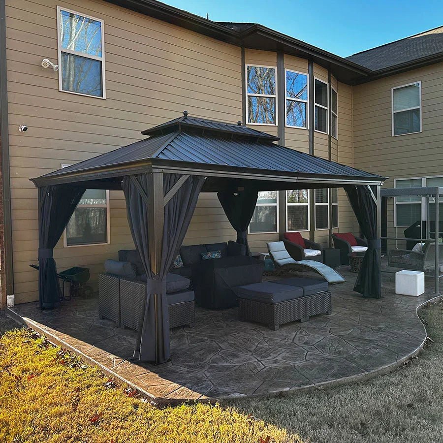 Outdoor Hardtop Gazebo for Patio Bronze Aluminum Frame Pavilion with Navy-Blue Curtain and String Lights-clear - Image 118