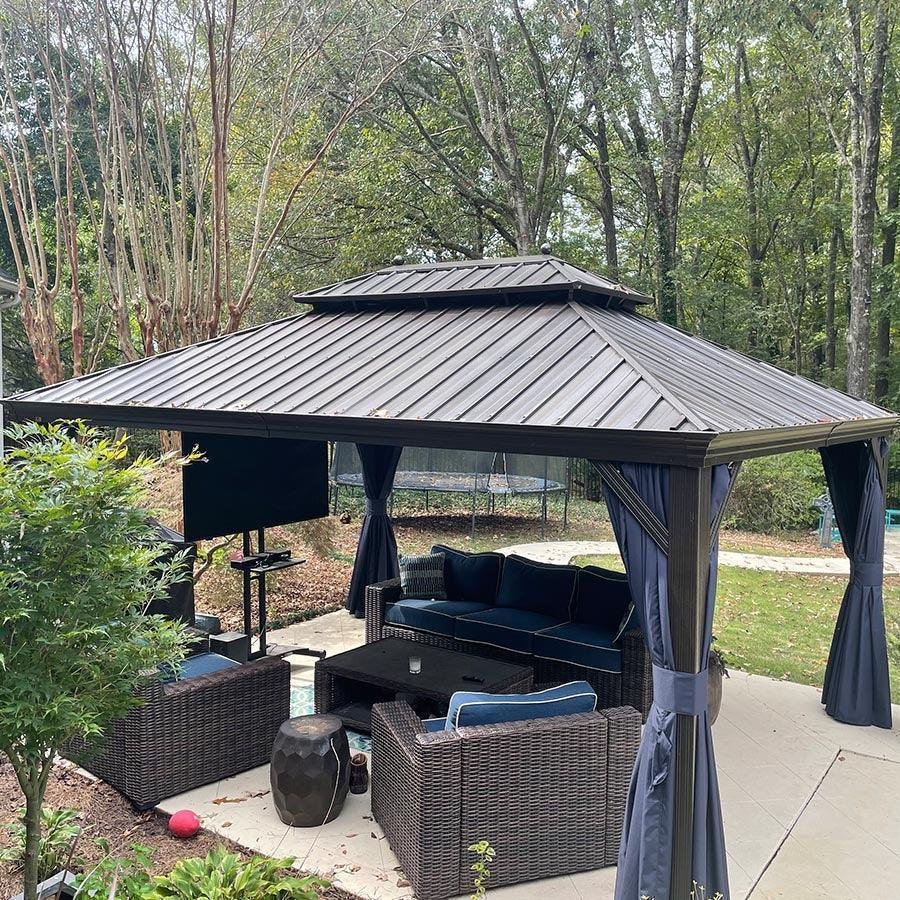 Outdoor Hardtop Gazebo for Patio Bronze Aluminum Frame Pavilion with Navy-Blue Curtain - Image 100