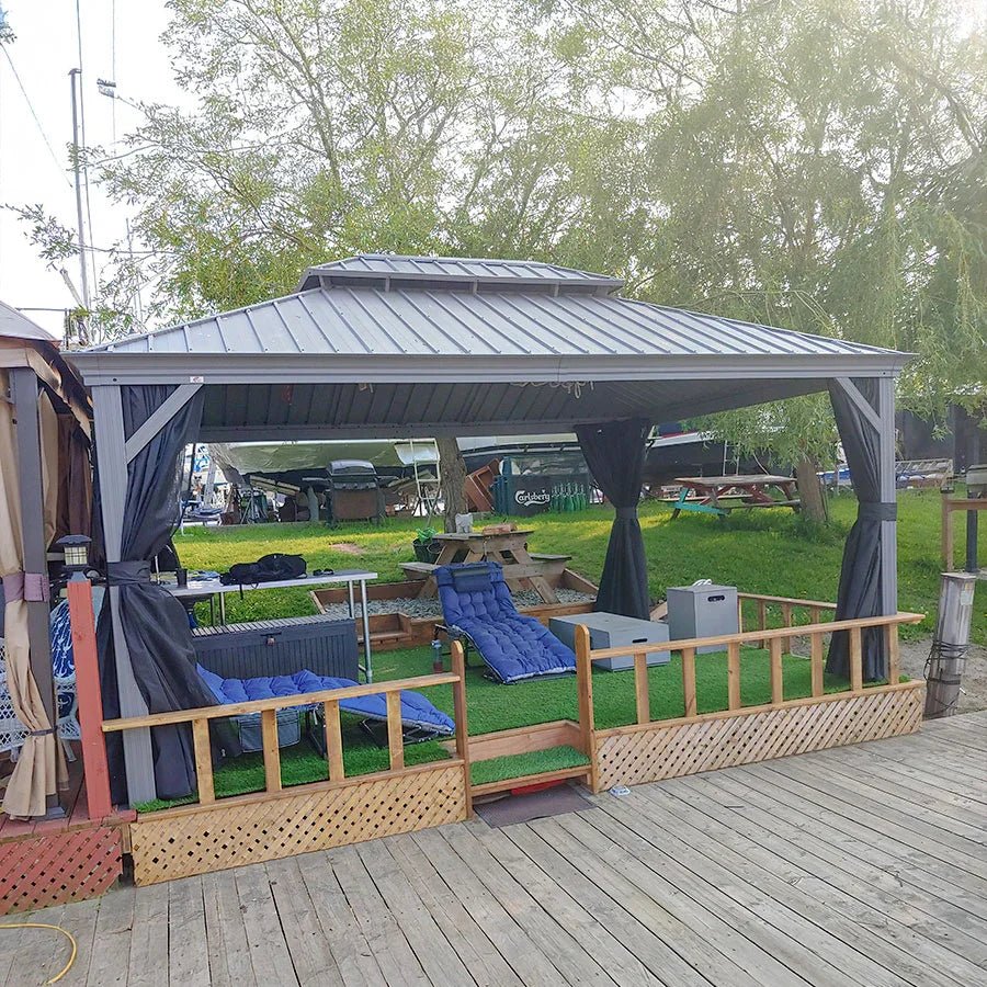 Patio Gazebo for Pool Light Grey Hardtop Galvanized Steel Roof with Upgraded Curtains - Image 78