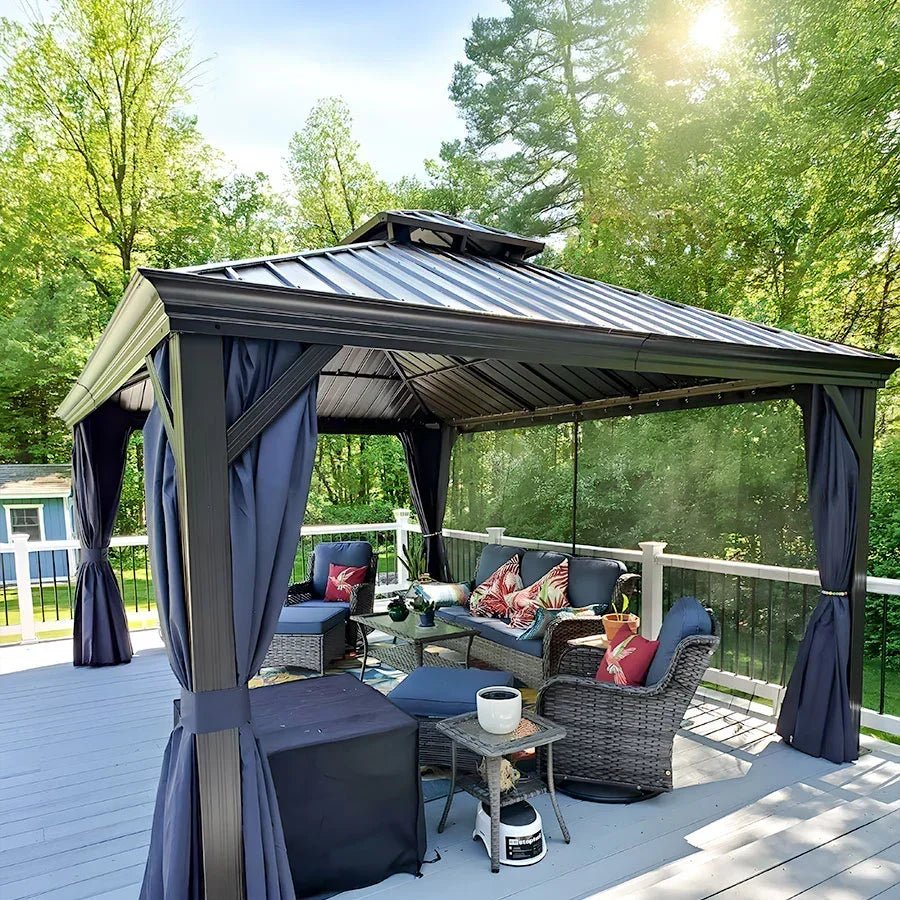 Outdoor Hardtop Gazebo for Patio Bronze Aluminum Frame Pavilion with Navy-Blue Curtain - Image 137