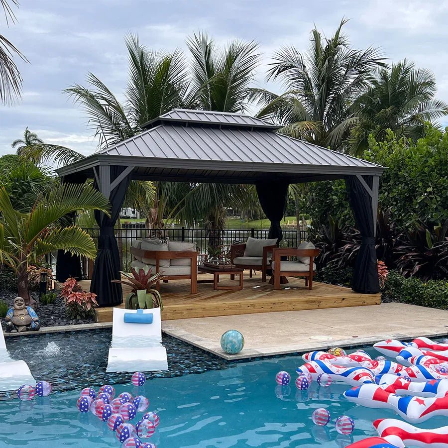 Patio Gazebo for Pool Light Grey Hardtop Galvanized Steel Roof with String Lights-milky - Image 65