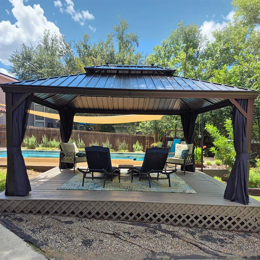 Outdoor Hardtop Gazebo for Patio Bronze Aluminum Frame Pavilion with Navy-Blue Curtain and String Lights-clear - Image 119