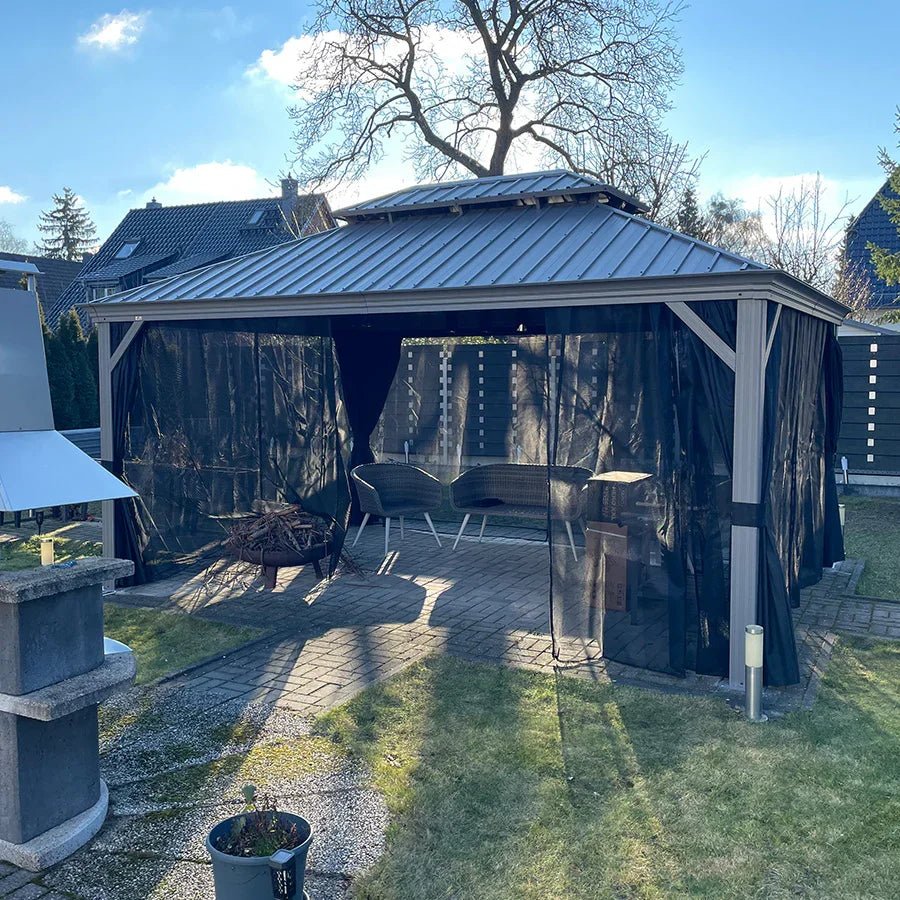 Patio Gazebo for Pool Light Grey Hardtop Galvanized Steel Roof with Upgraded Curtains - Image 105
