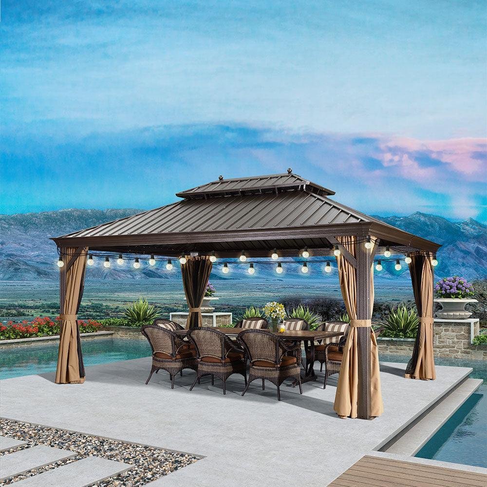 Outdoor Hardtop Gazebo for Garden Bronze Double Roof Aluminum Frame Pavilion with String Lights-milky - Image 39