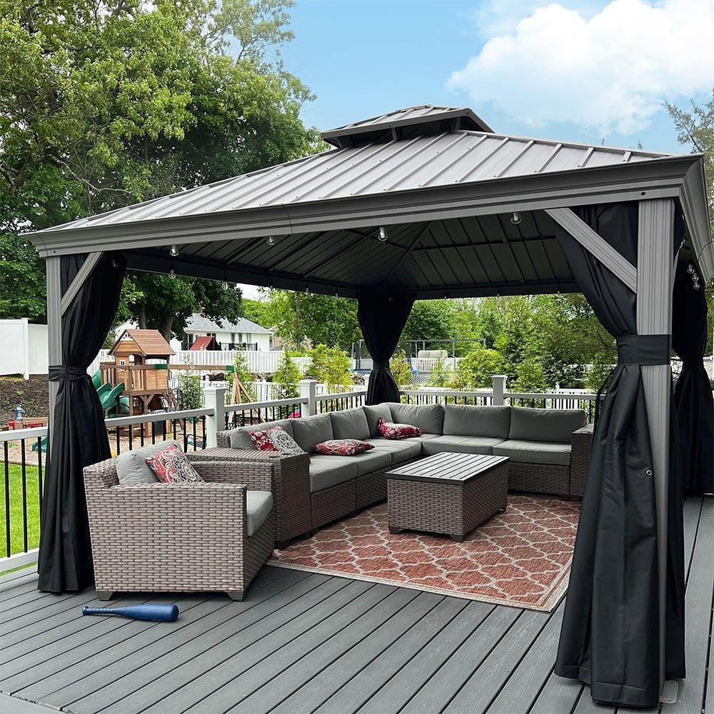 Patio Gazebo for Pool Light Grey Hardtop Galvanized Steel Roof with String Lights-clear - Image 27