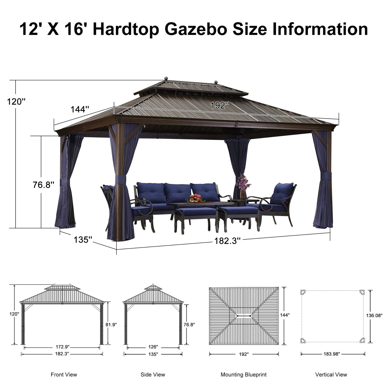 Outdoor Hardtop Gazebo for Patio Bronze Aluminum Frame Pavilion with Navy-Blue Curtain and String Lights-milky - Image 111