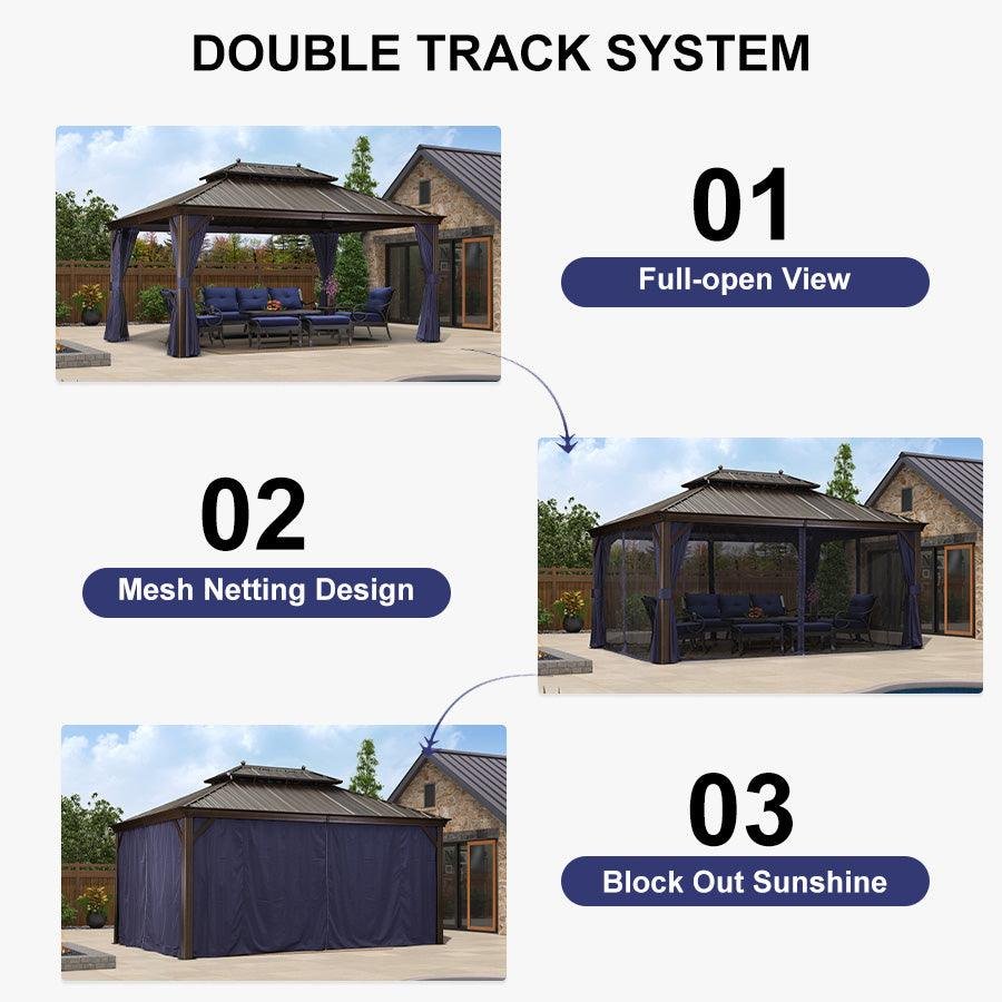 Outdoor Hardtop Gazebo for Patio Bronze Aluminum Frame Pavilion with Navy-Blue Curtain and String Lights-clear - Image 92