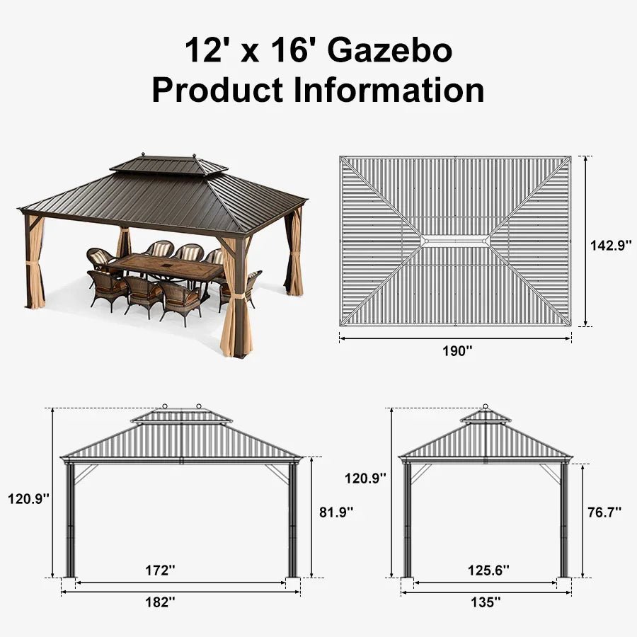 Outdoor Hardtop Gazebo for Garden Bronze Double Roof Aluminum Frame Pavilion with String Lights-milky - Image 130
