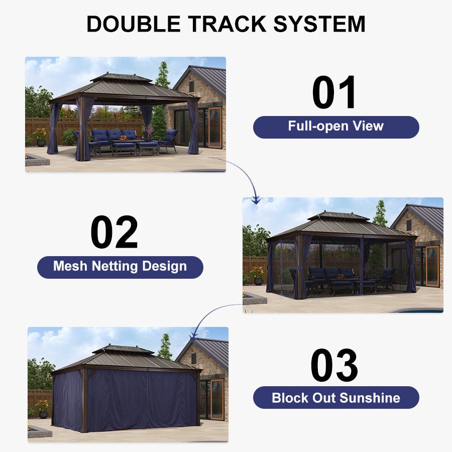 Outdoor Hardtop Gazebo for Patio Bronze Aluminum Frame Pavilion with Navy-Blue Curtain and String Lights-milky - Image 81