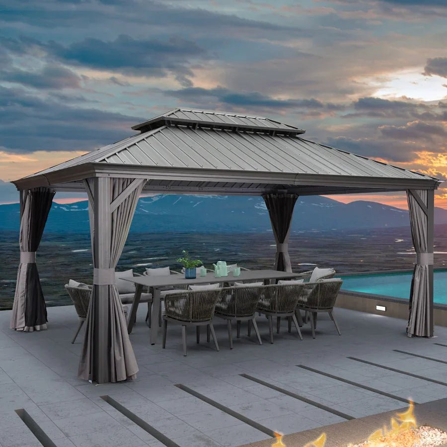 Patio Gazebo for Backyard Grey Hardtop Galvanized Steel Roof Awning with Upgrade Curtain - Image 117