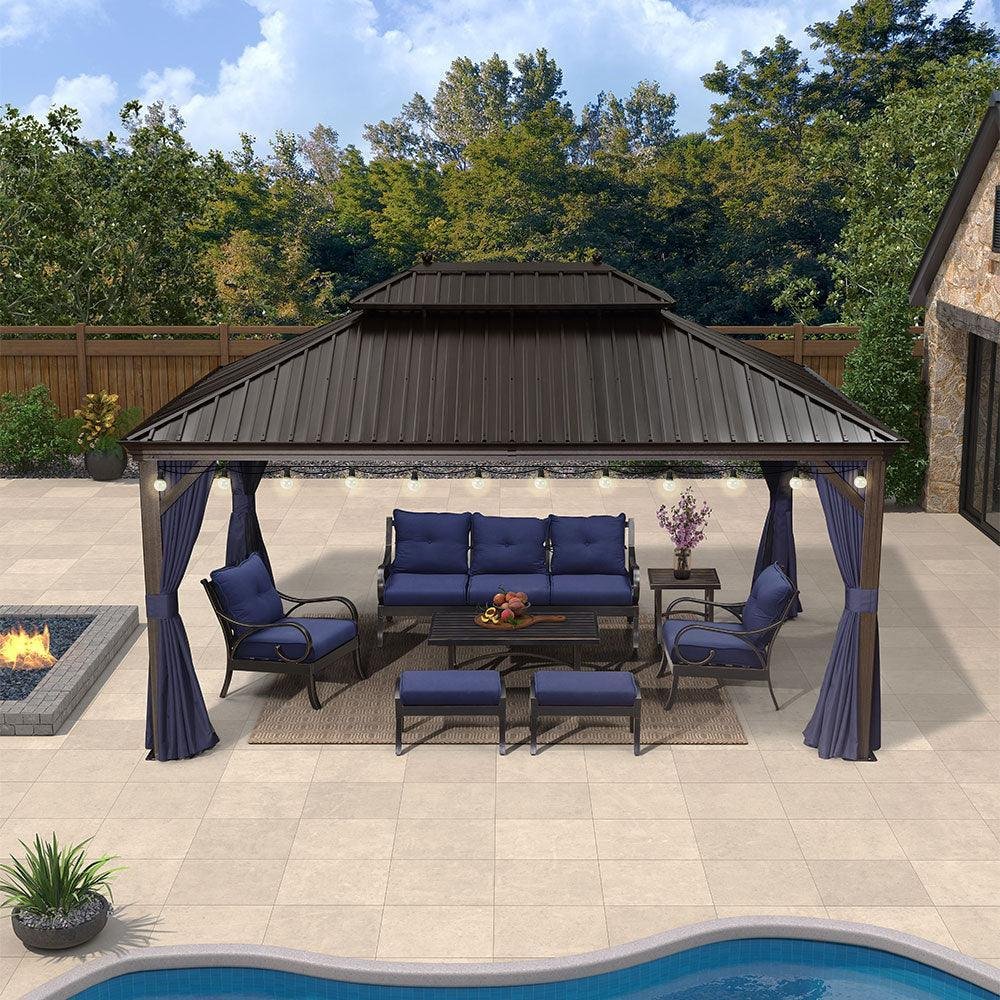 Outdoor Hardtop Gazebo for Patio Bronze Aluminum Frame Pavilion with Navy-Blue Curtain and String Lights-milky - Image 44