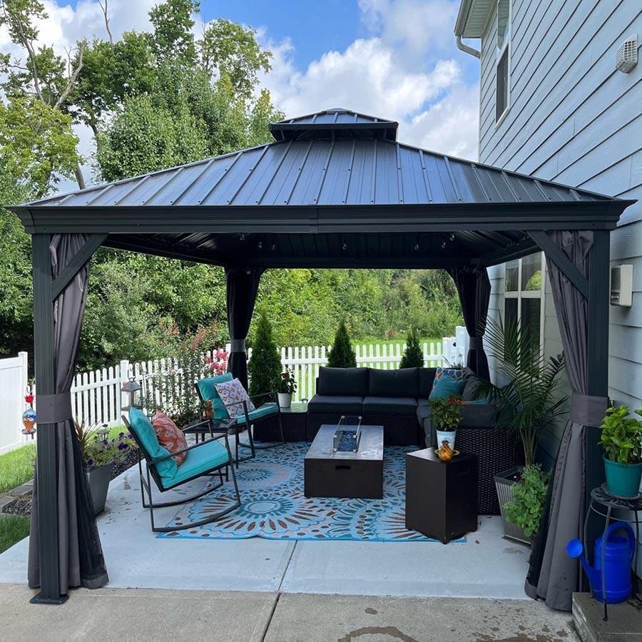Patio Gazebo for Backyard Grey Hardtop Galvanized Steel Roof Awning with Upgrade Curtain - Image 82