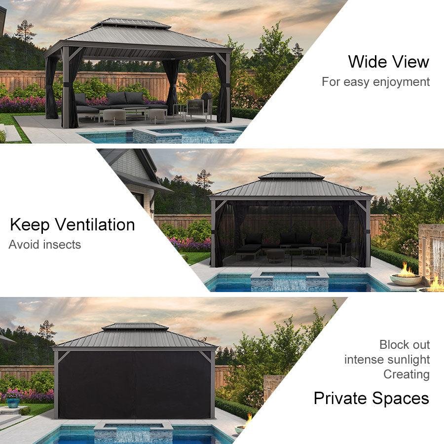 Patio Gazebo for Pool Light Grey Hardtop Galvanized Steel Roof with Upgraded Curtains - Image 66