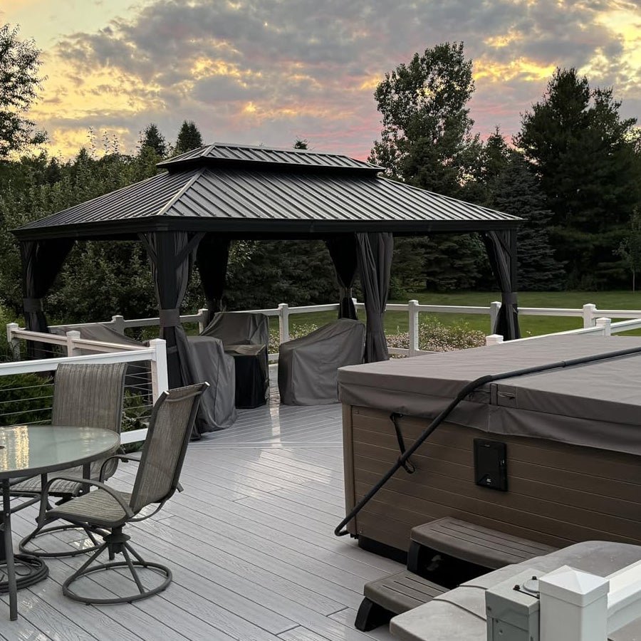 Gazebo for Backyard Grey Hardtop Galvanized Steel Roof Awning with String Lights-clear - Image 121