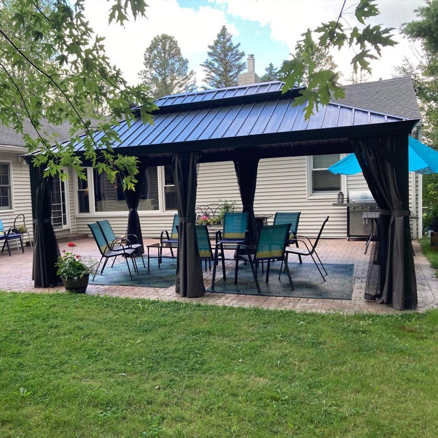 Patio Gazebo for Backyard Grey Hardtop Galvanized Steel Roof Awning with Upgrade Curtain - Image 150