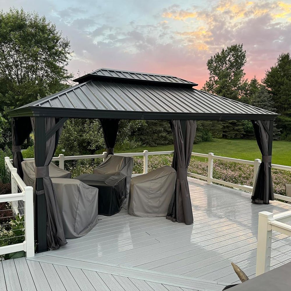 Patio Gazebo for Backyard Grey Hardtop Galvanized Steel Roof Awning with Upgrade Curtain - Image 149