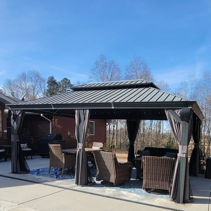 Patio Gazebo for Backyard Grey Hardtop Galvanized Steel Roof Awning with Upgrade Curtain - Image 125