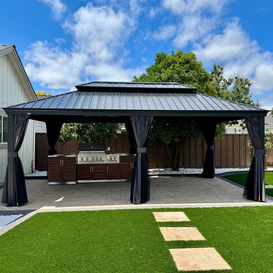 Patio Gazebo for Backyard Grey Hardtop Galvanized Steel Roof Awning with Upgrade Curtain - Image 153