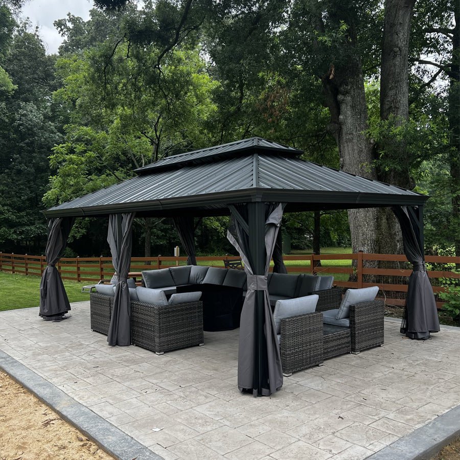 Patio Gazebo for Backyard Grey Hardtop Galvanized Steel Roof Awning with Upgrade Curtain - Image 4