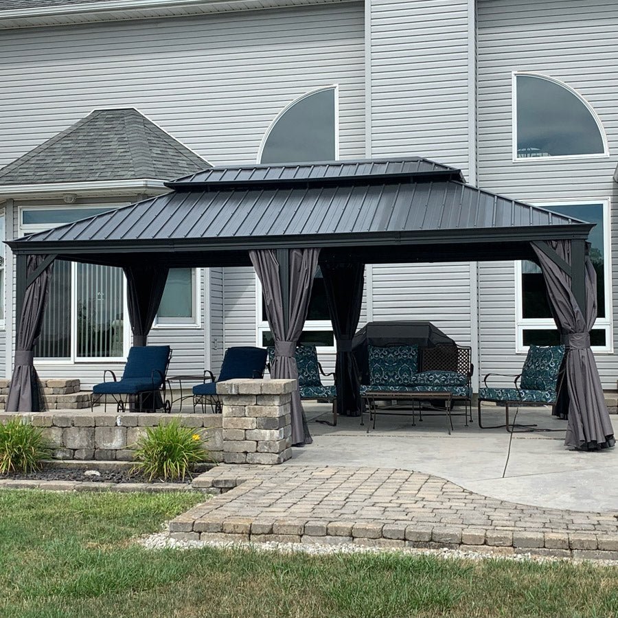 Patio Gazebo for Backyard Grey Hardtop Galvanized Steel Roof Awning with Upgrade Curtain - Image 166