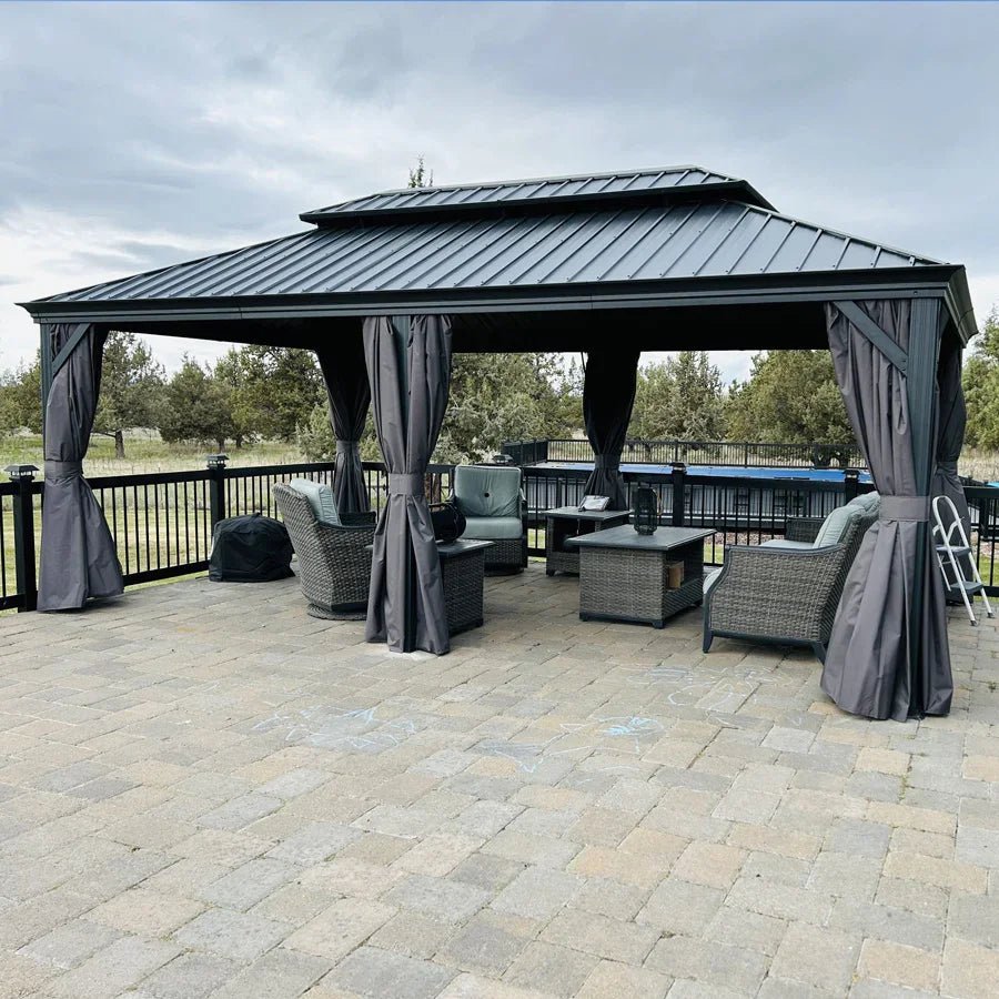 Patio Gazebo for Backyard Grey Hardtop Galvanized Steel Roof Awning with Upgrade Curtain - Image 126
