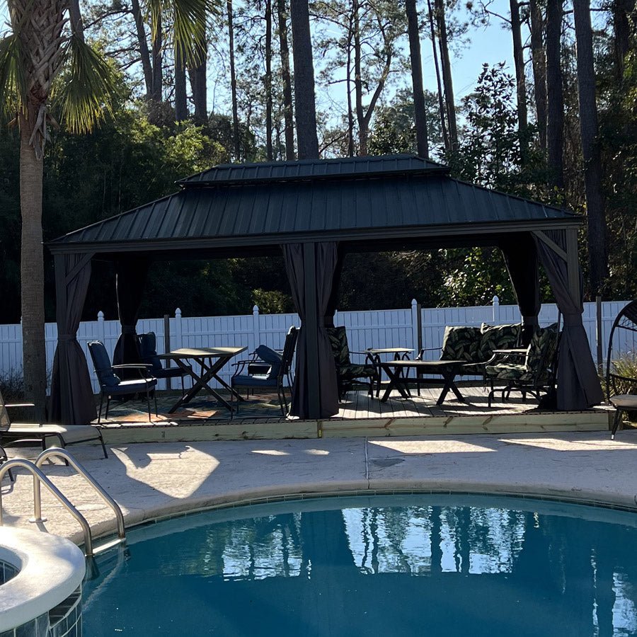 Patio Gazebo for Backyard Grey Hardtop Galvanized Steel Roof Awning with Upgrade Curtain - Image 158