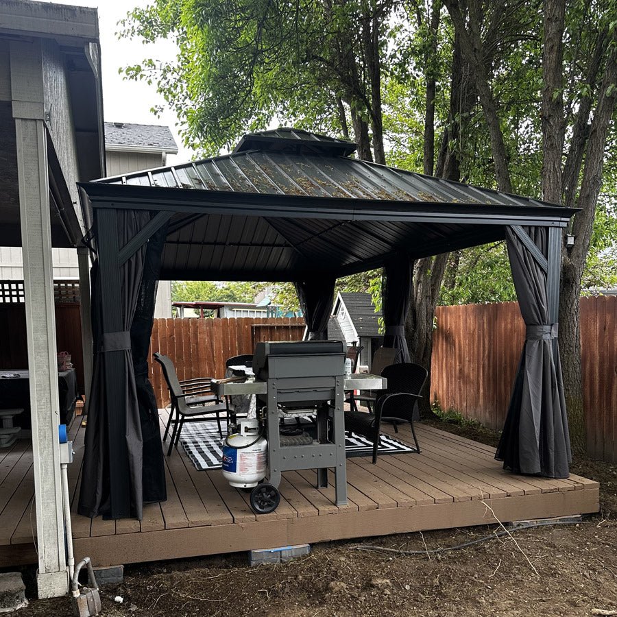 Patio Gazebo for Backyard Grey Hardtop Galvanized Steel Roof Awning with Upgrade Curtain - Image 156