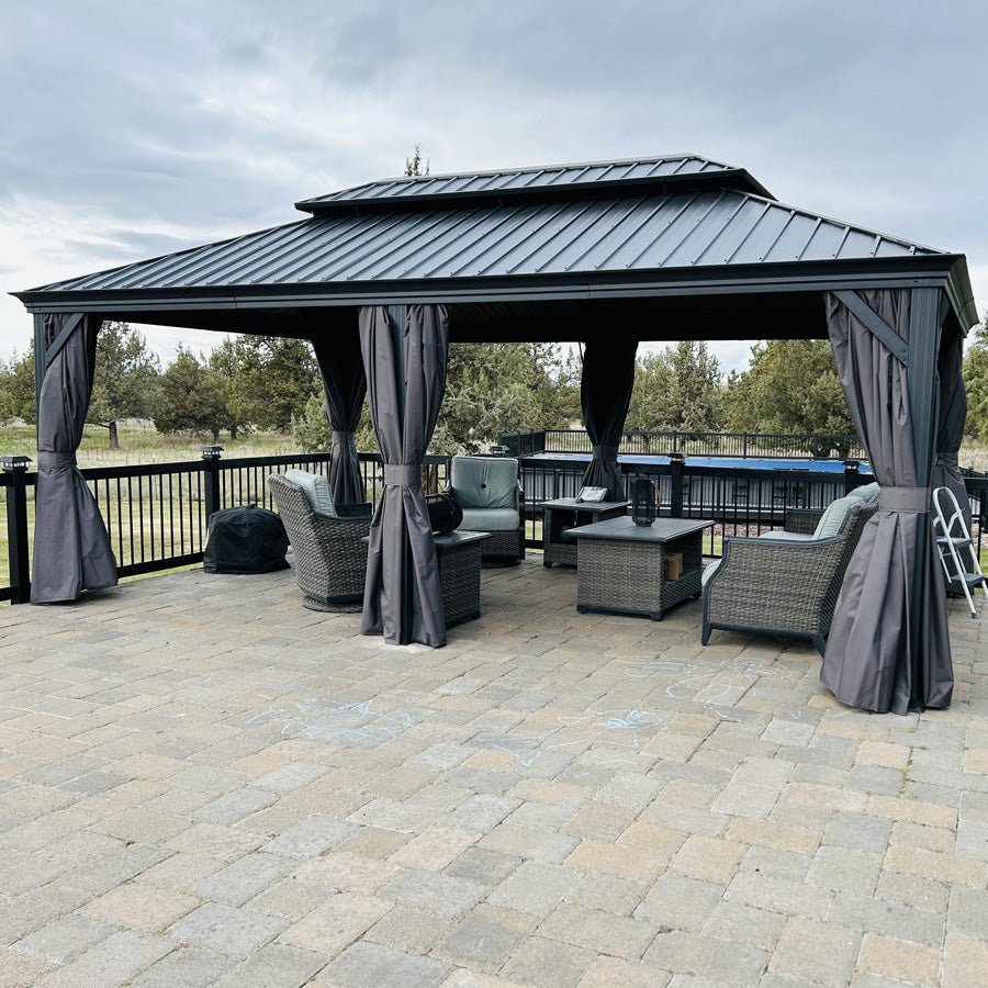 Patio Gazebo for Backyard Grey Hardtop Galvanized Steel Roof Awning with Upgrade Curtain - Image 159