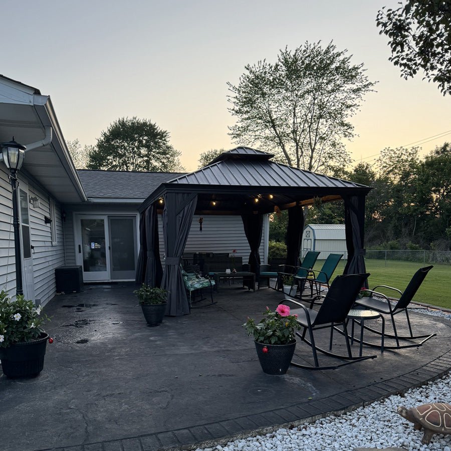Gazebo for Backyard Grey Hardtop Galvanized Steel Roof Awning String Lights-milky - Image 95