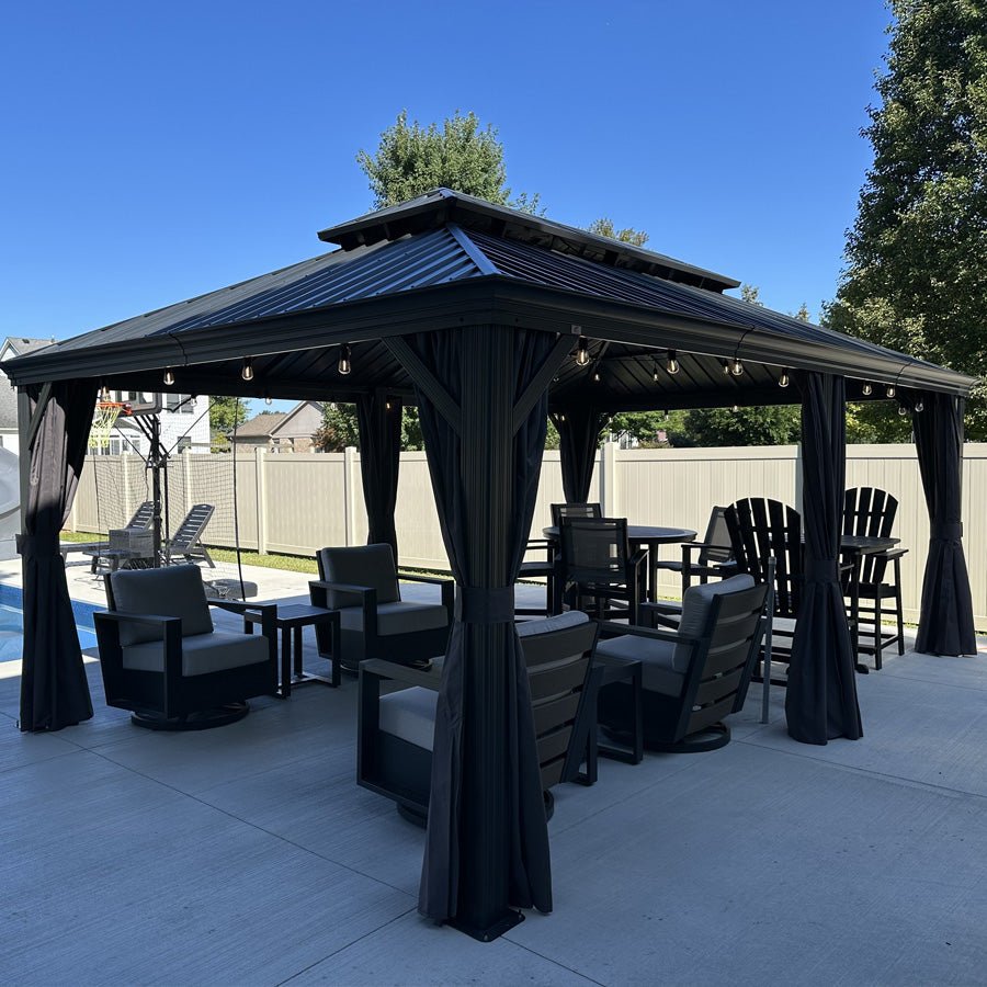 Gazebo for Backyard Grey Hardtop Galvanized Steel Roof Awning String Lights-milky - Image 96