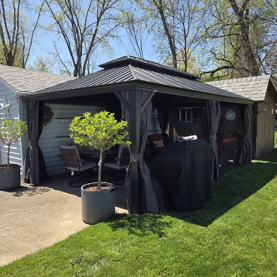 Patio Gazebo for Backyard Grey Hardtop Galvanized Steel Roof Awning with Upgrade Curtain - Image 152