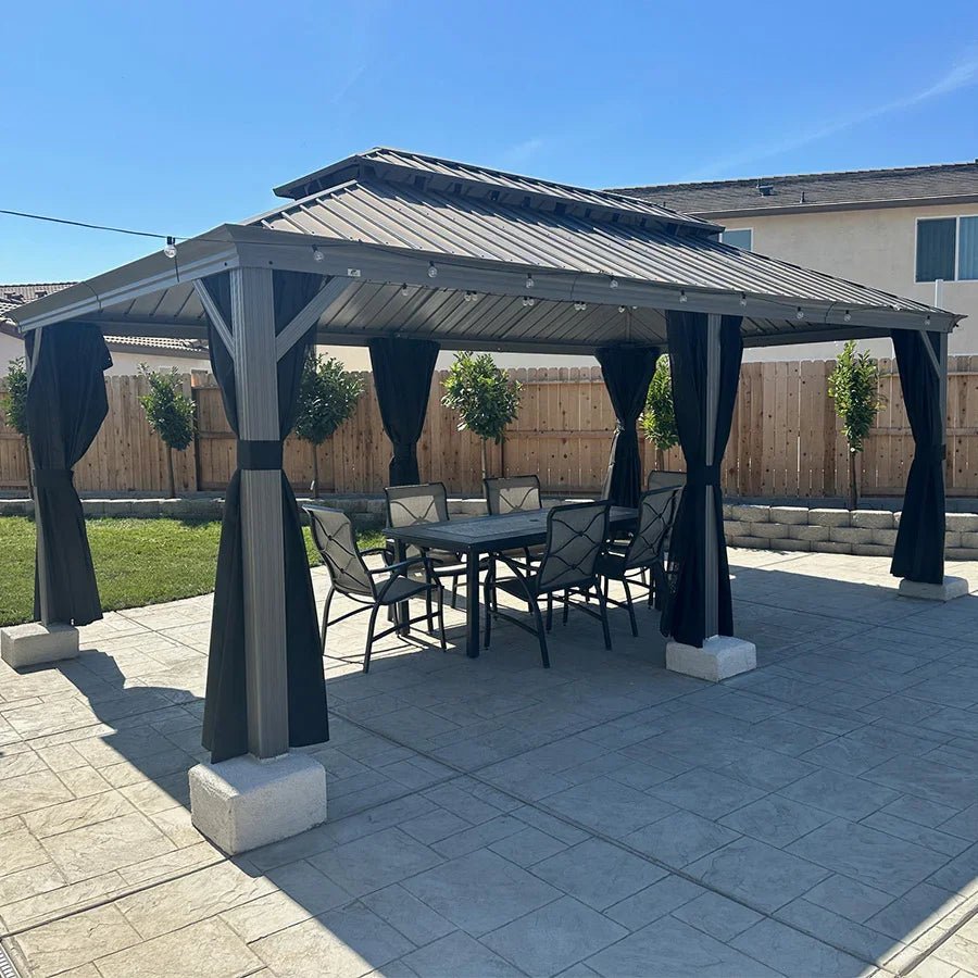Patio Gazebo for Pool Light Grey Hardtop Galvanized Steel Roof with Upgraded Curtains - Image 89