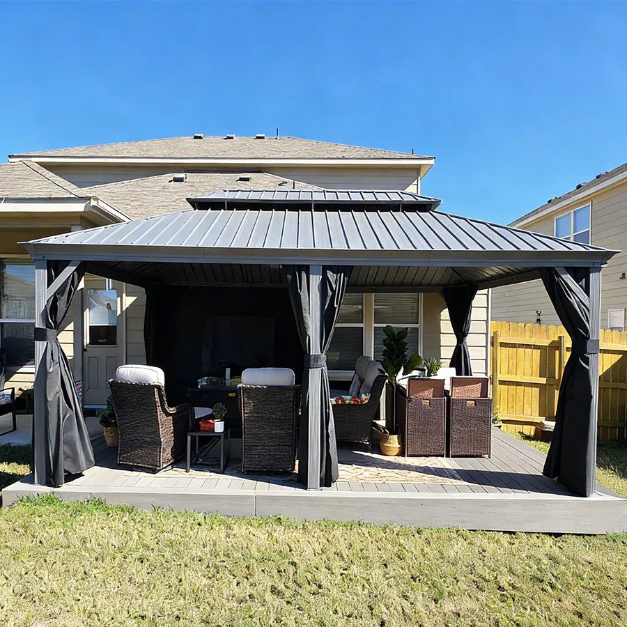 Patio Gazebo for Pool Light Grey Hardtop Galvanized Steel Roof with Upgraded Curtains - Image 106