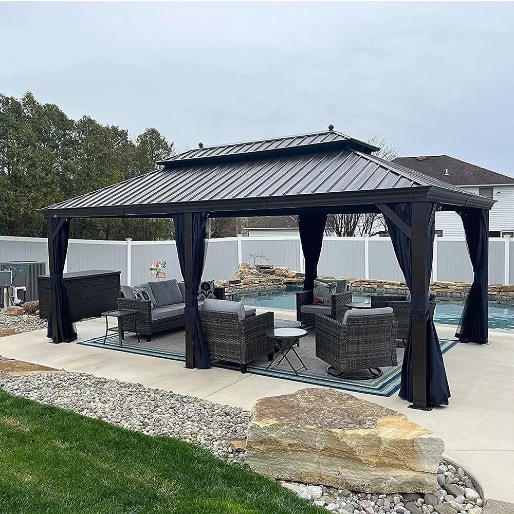 Outdoor Hardtop Gazebo for Patio Bronze Aluminum Frame Pavilion with Navy-Blue Curtain and String Lights-milky - Image 4