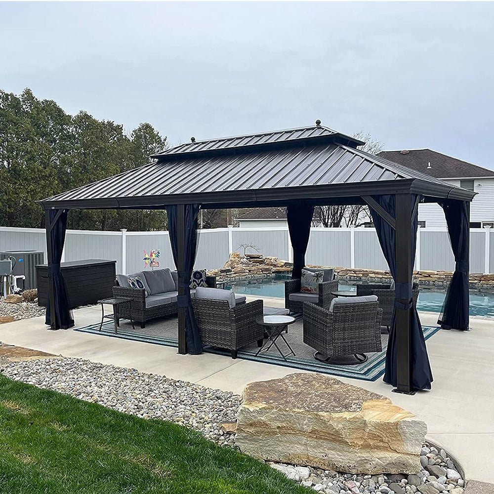 Outdoor Hardtop Gazebo for Patio Bronze Aluminum Frame Pavilion with Navy-Blue Curtain and String Lights-clear - Image 131